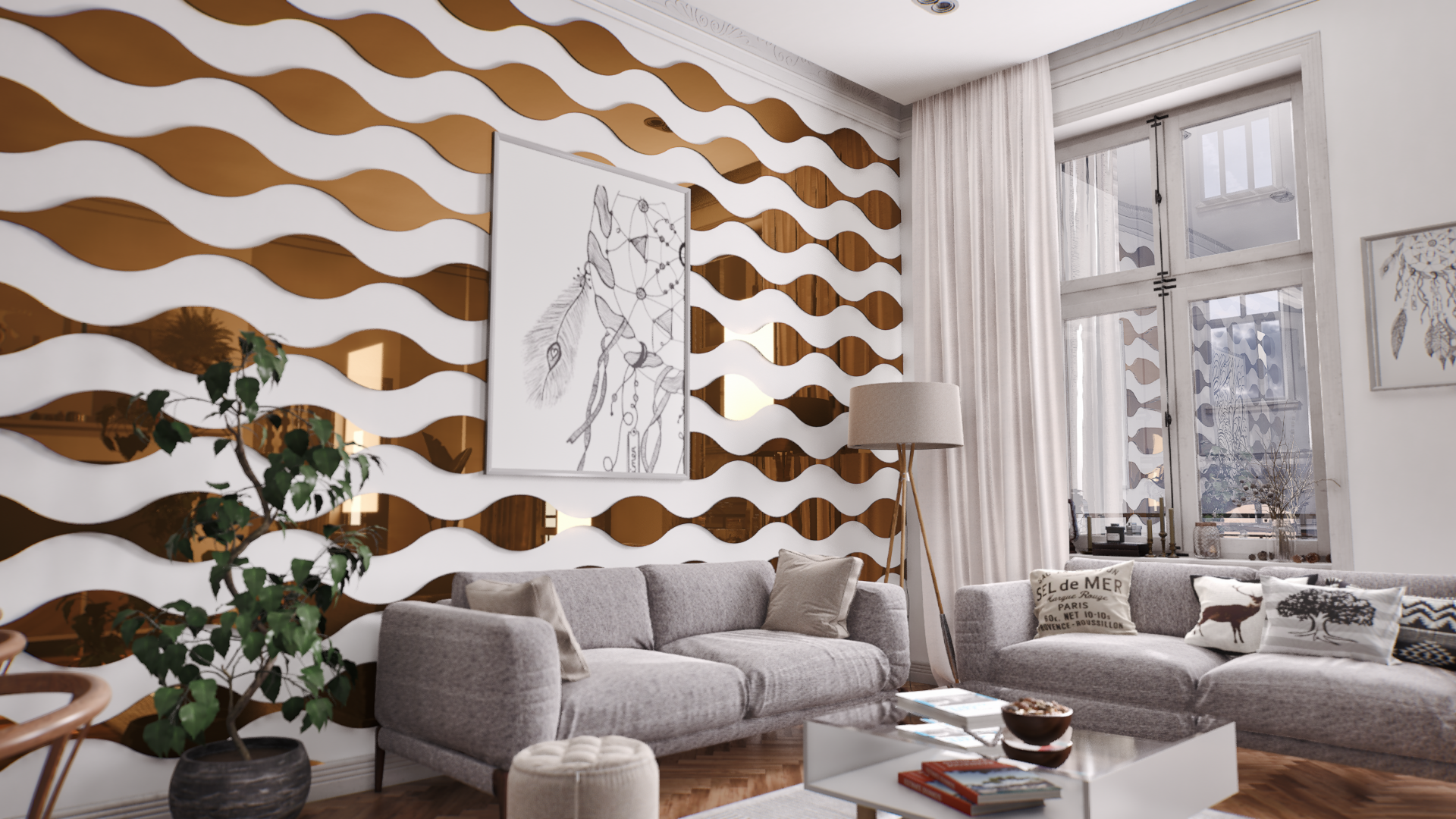 Hard wood slat wall panels on a wall with plants and pillows